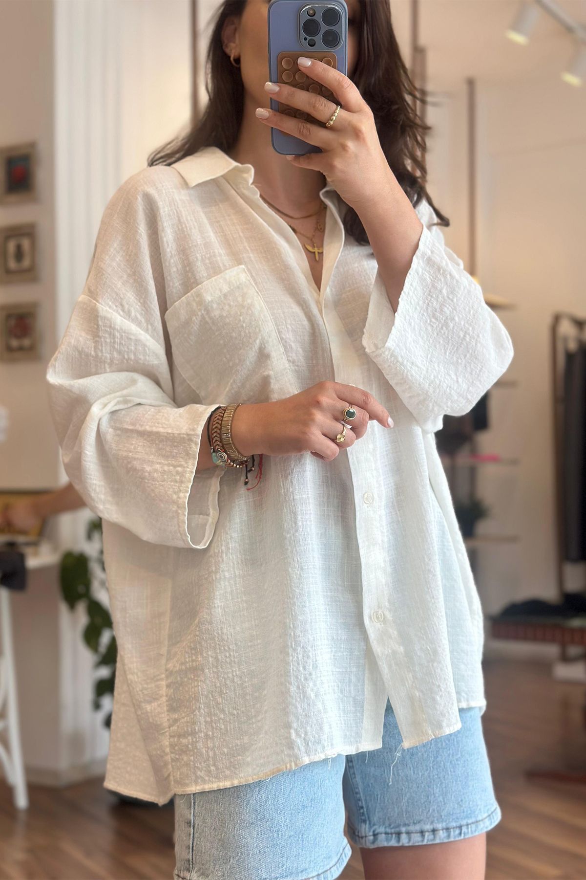 Unique Boutique Ekru Oversize Keten Gömlek