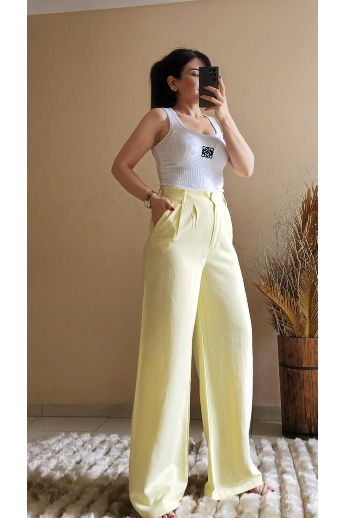 FEMİNEER.com SARI KETEN PALAZZO PANTOLON