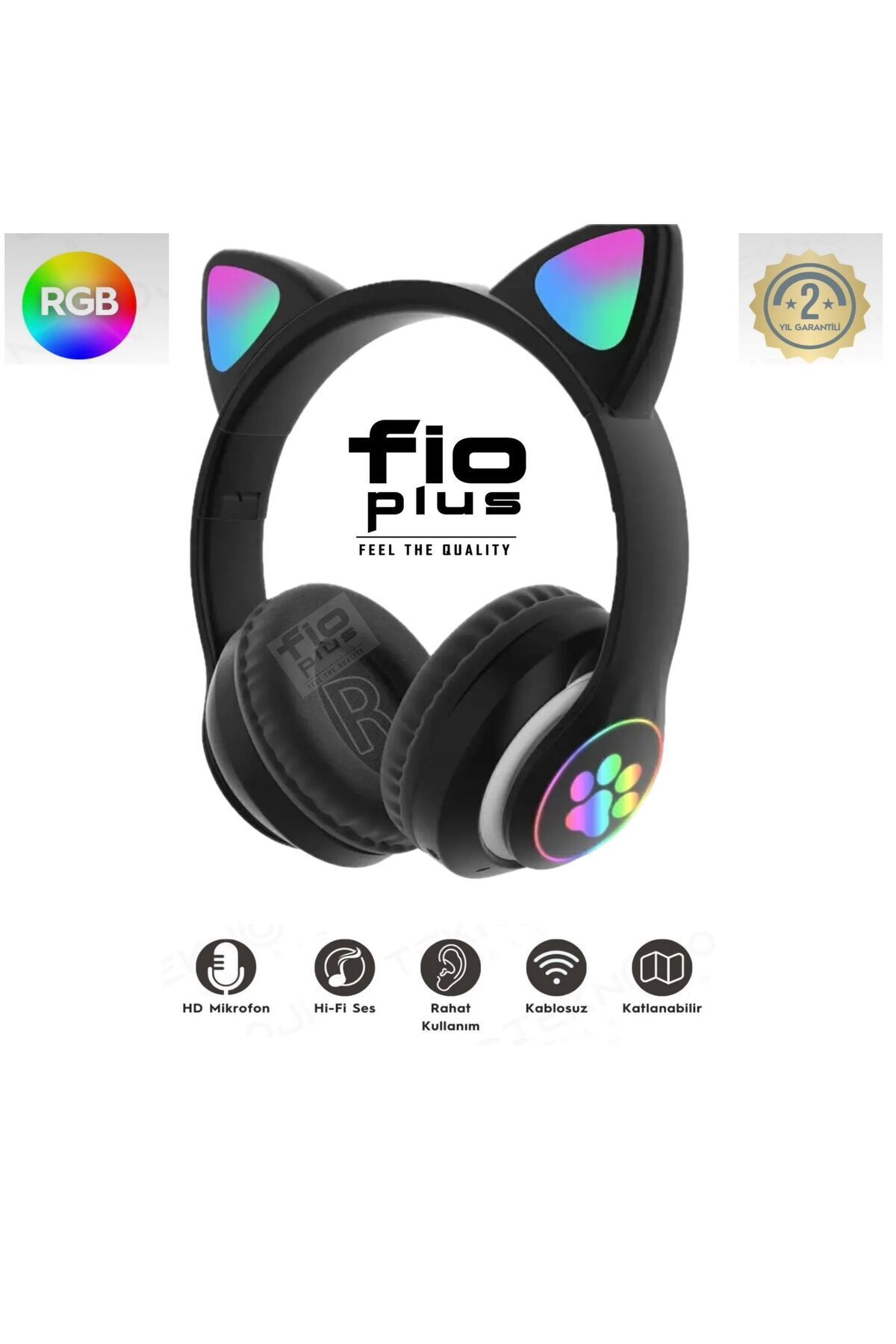 gunkes Kablosuz Bluetooth 5.0 Led Işıklı Kedili Kulaklık Hediye ios Android Uyumlu 8d Stereo Hd Ses