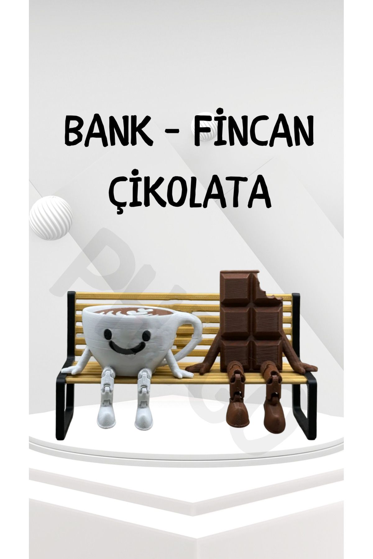 Phigo Güler Yüzlü Kahve Fincanı ve Bank Üzerinde Çikolata Biblosu – Dekoratif 3D Obje Figürü