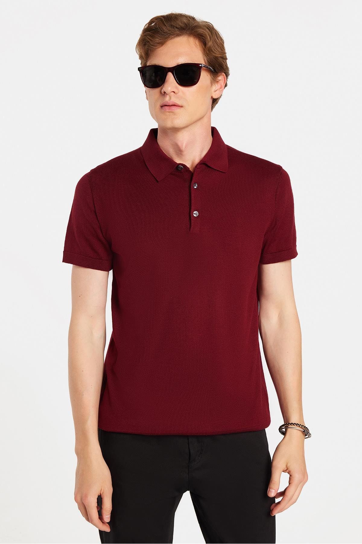 Tudors Erkek Slim Fit Dar Kesim Pamuklu Örme Triko Bordo Polo Yaka Tişört
