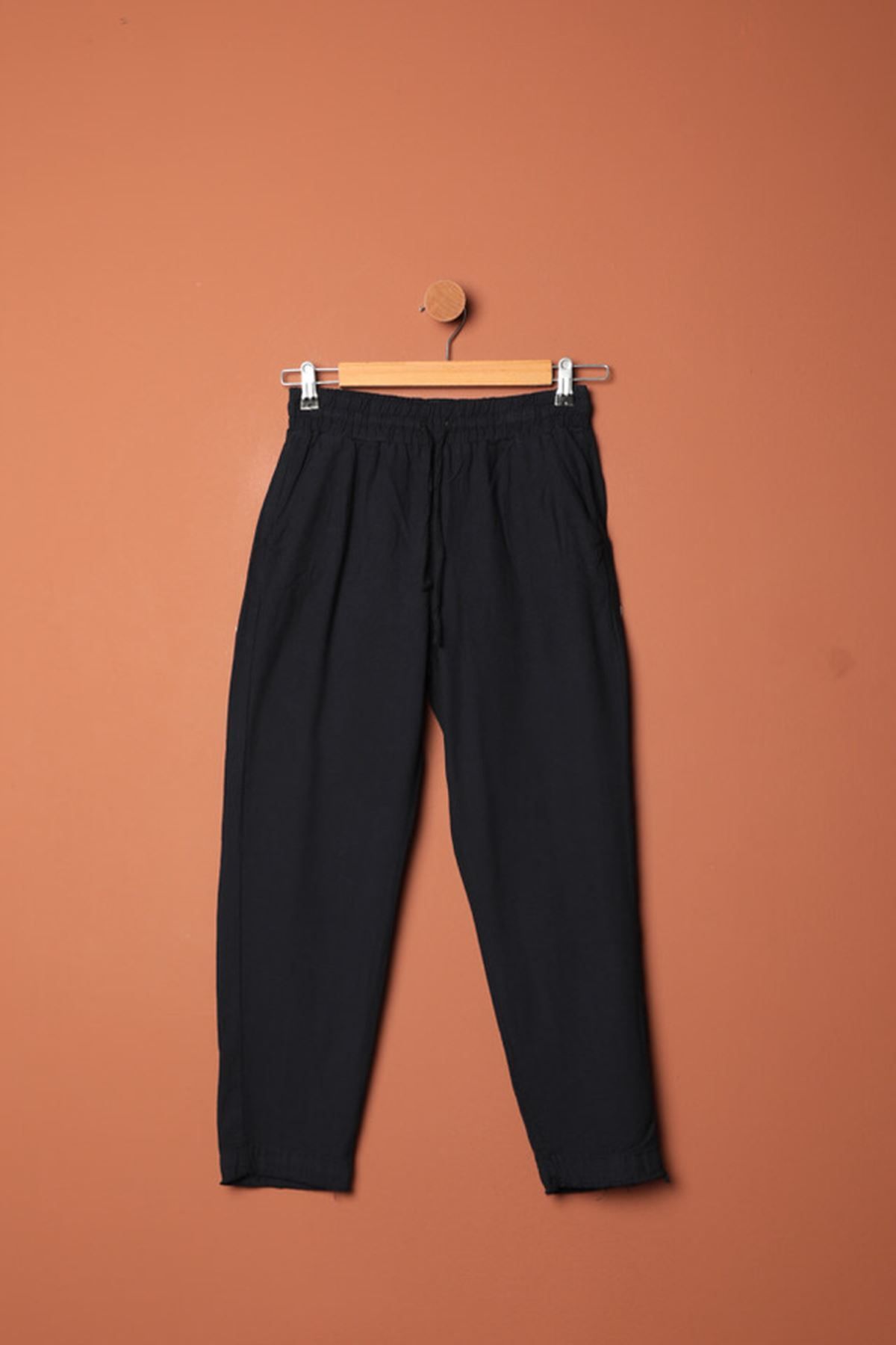 devrialemshoes Keten Kumaş Püsküllü Paça Kadın Pantolon-Lacivert