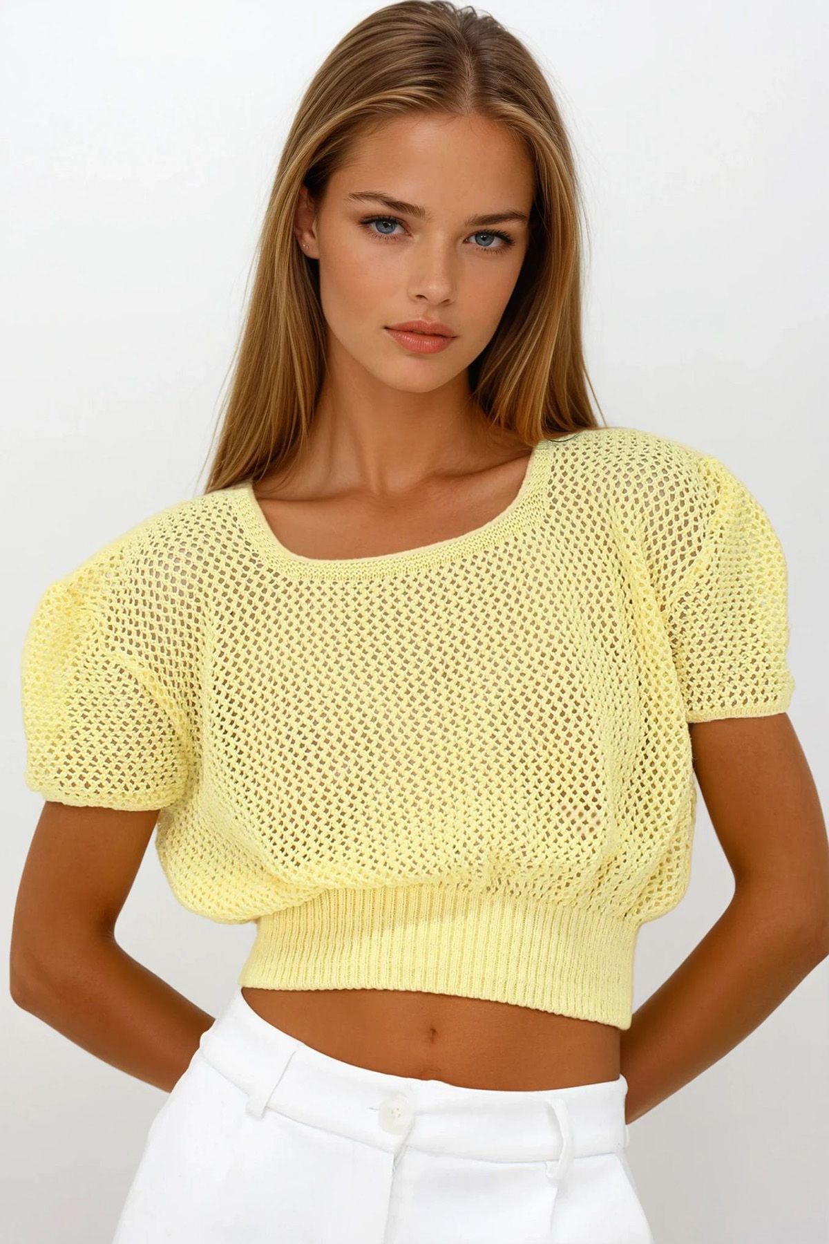 VAGGON Beli Gipeli Ajurlu Crop Bluz