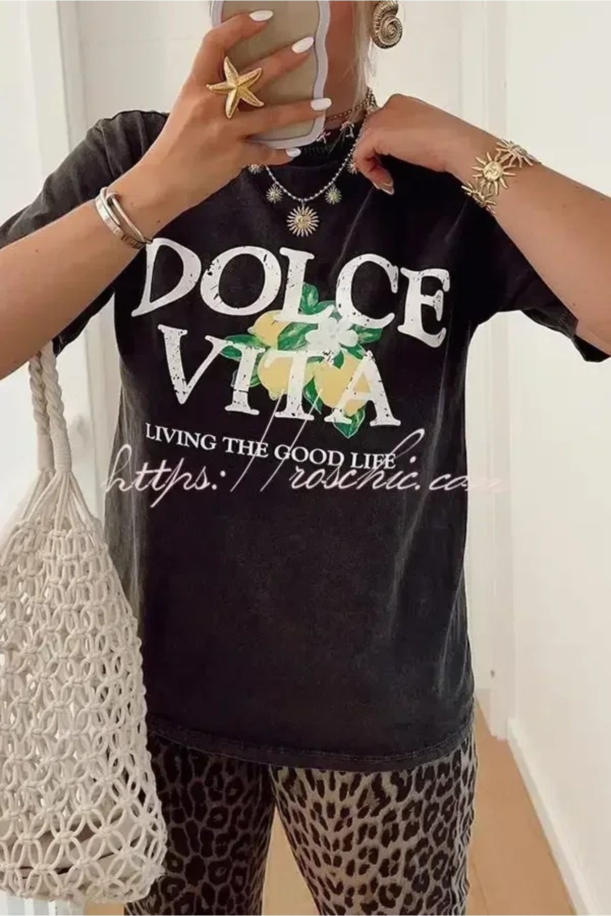 JANSO GROUP -KADIN PAMUKLU BASKILI DOLCE VITA KISA KOLLU TSHIRT OVERSİZE BÜYÜK BEDEN