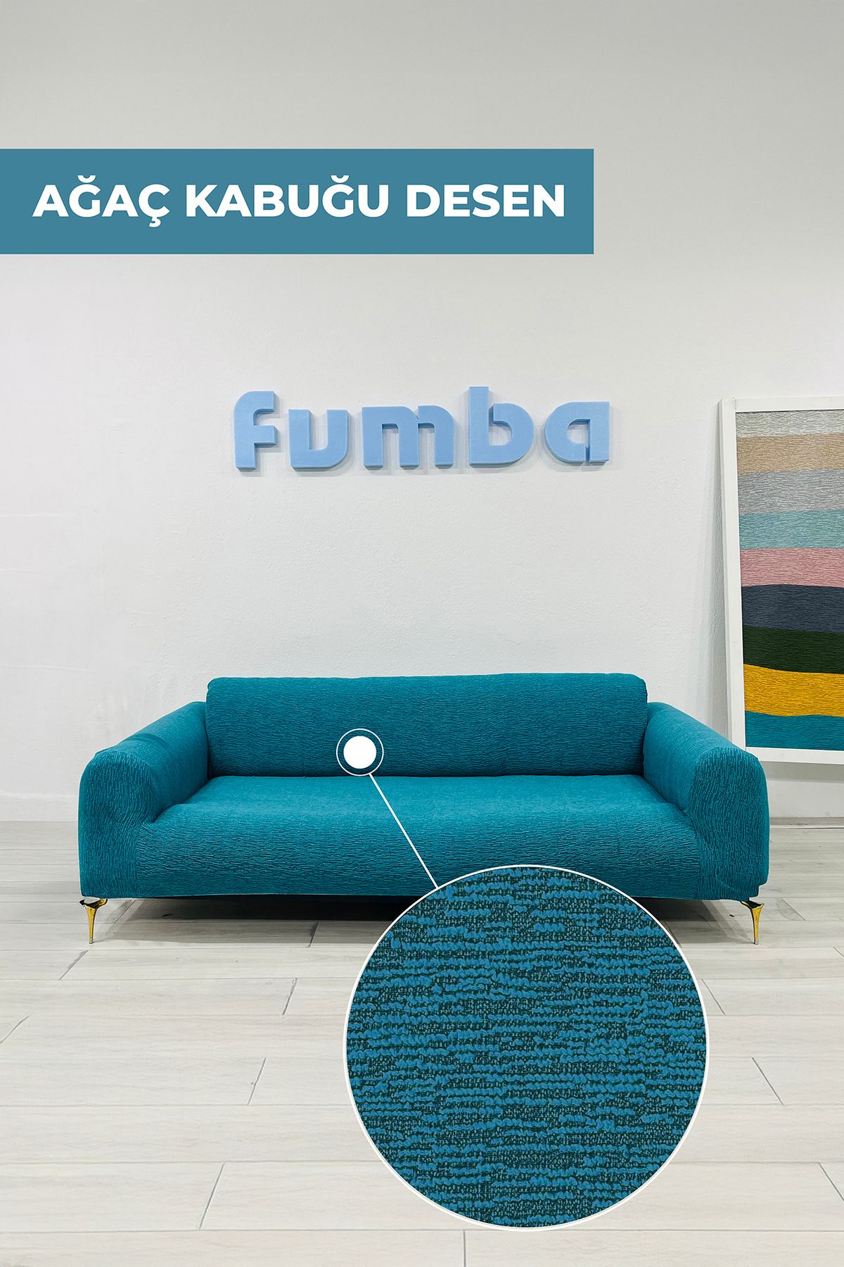 FUMBA HOME Üçlü Koltuk Jakarlı Lastikli Kanepe Örtüsü Lastikli Koltuk Örtüsü Chester Koltuk Kılıfı (TURKUAZ)