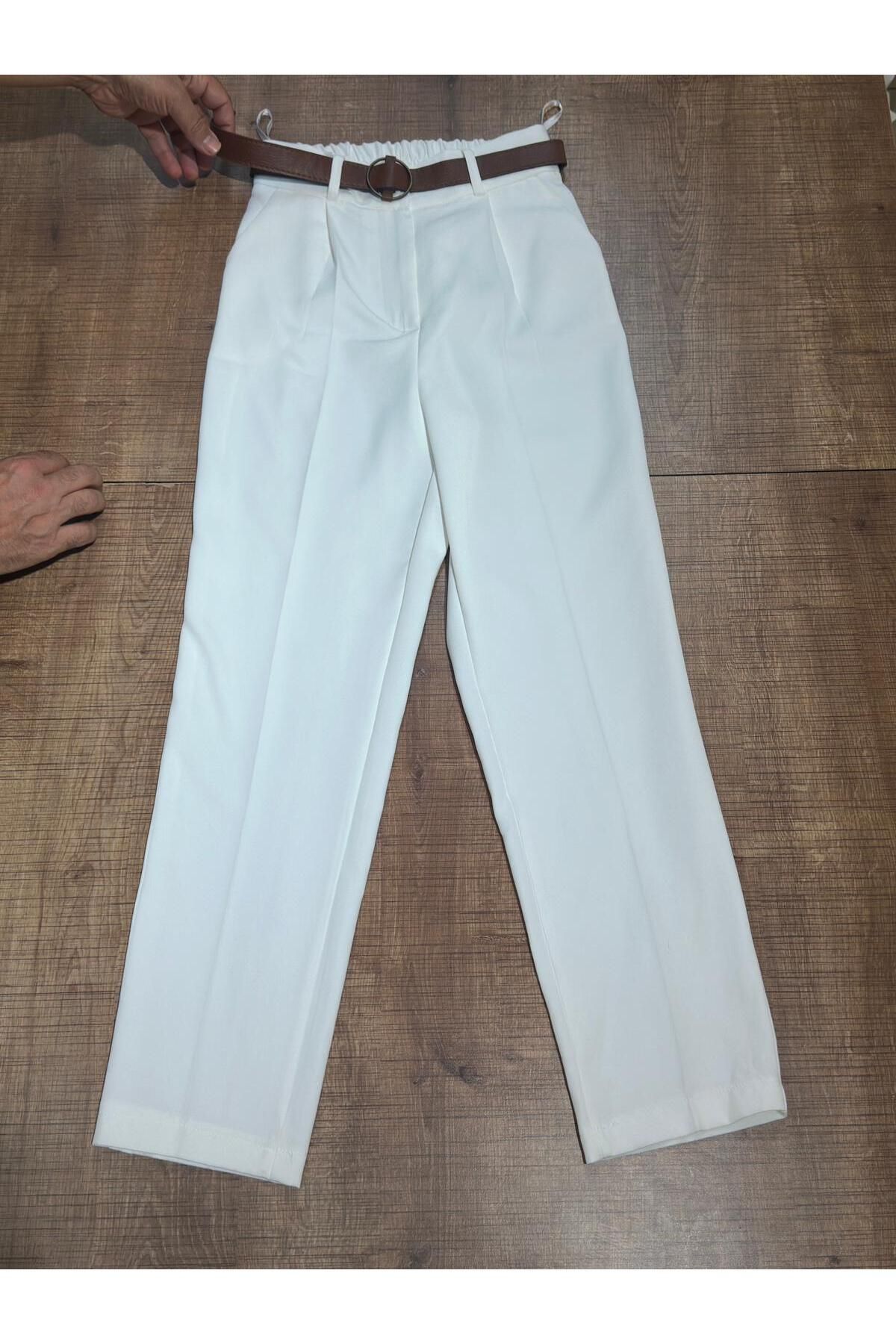 HANIMCA GİYİM KEMERLİ BELİ ARKADAN LASTİKLİ YANDAN CEPLİ KALEM KESİM YAZLIK PANTALON