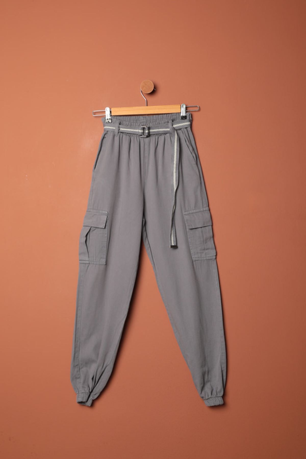 devrialemshoes Gabardin Kumaş Kemerli Kargo Kadın Pantolon-Antrasit