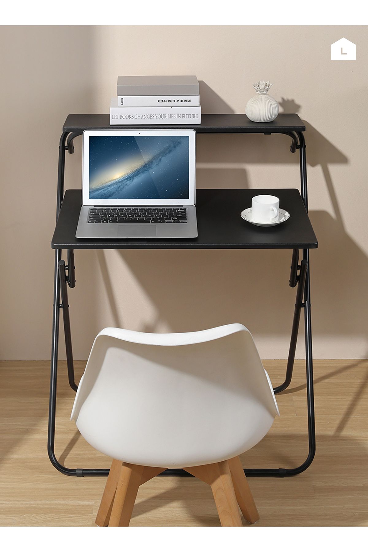 Lawazim-Foldable Computer Desk – 71.5x55x90.5cm – 2-Tier Space-Saving Writing Table with Shelf 6