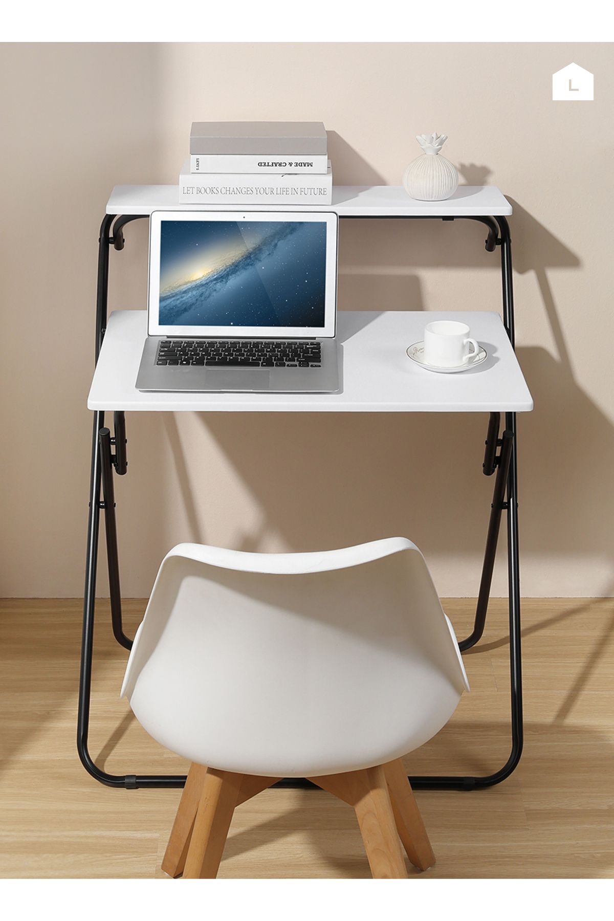 Lawazim-Foldable Computer Desk – 71.5x55x90.5cm – 2-Tier Space-Saving Writing Table with Shelf 6