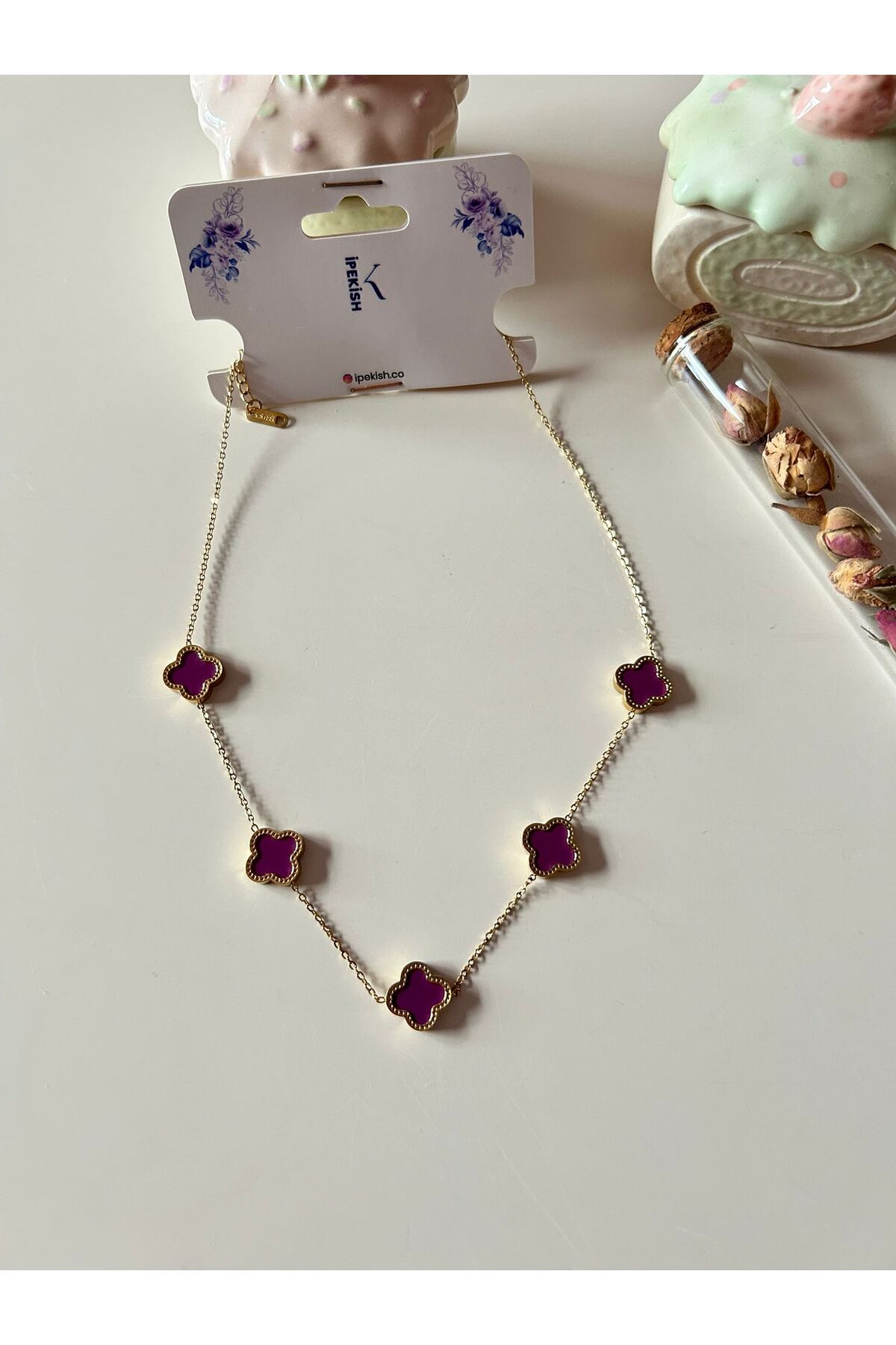 Cheecky Chic İpekish | Mor Renk, Van Cleef Motifli, Gold, Paslanmaz Çelik Kolye