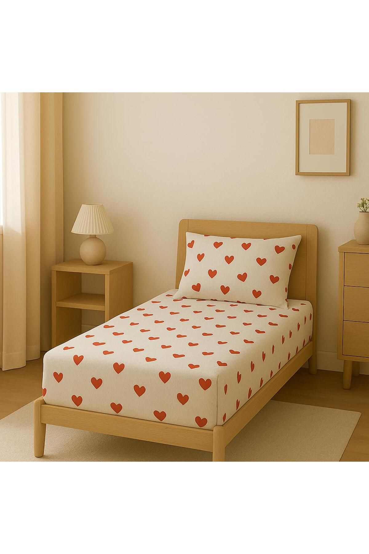 SdfHome Kırmızı Kalp model Tek Kişilik Lastikli Çarşaf +1 adet yastık kılıfı