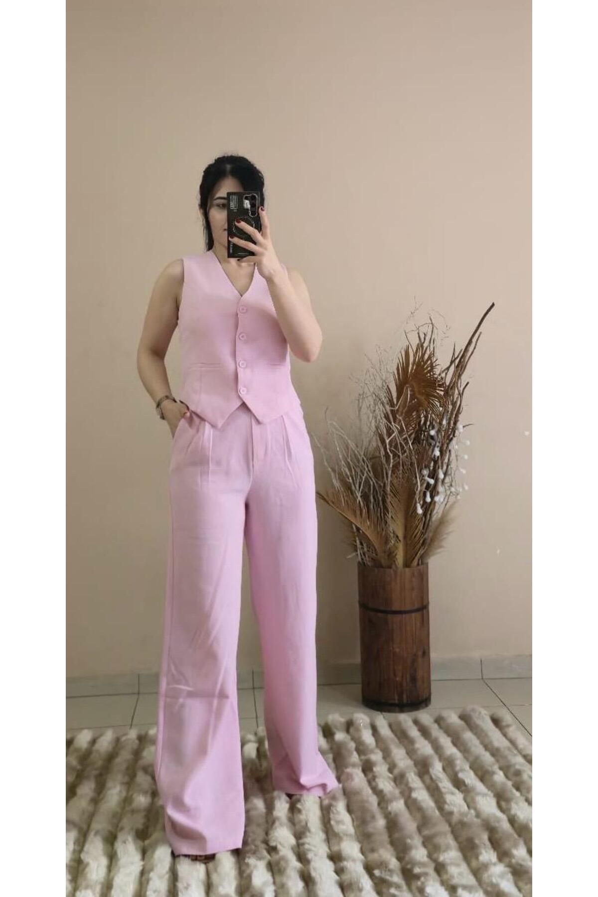 FEMİNEER.com PEMBE YELEK PANTOLON TAKIM