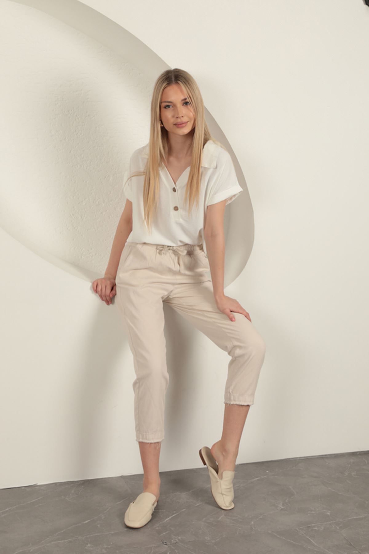 devrialemshoes Gabardin Kumaş Püsküllü Kadın Pantolon-Taş