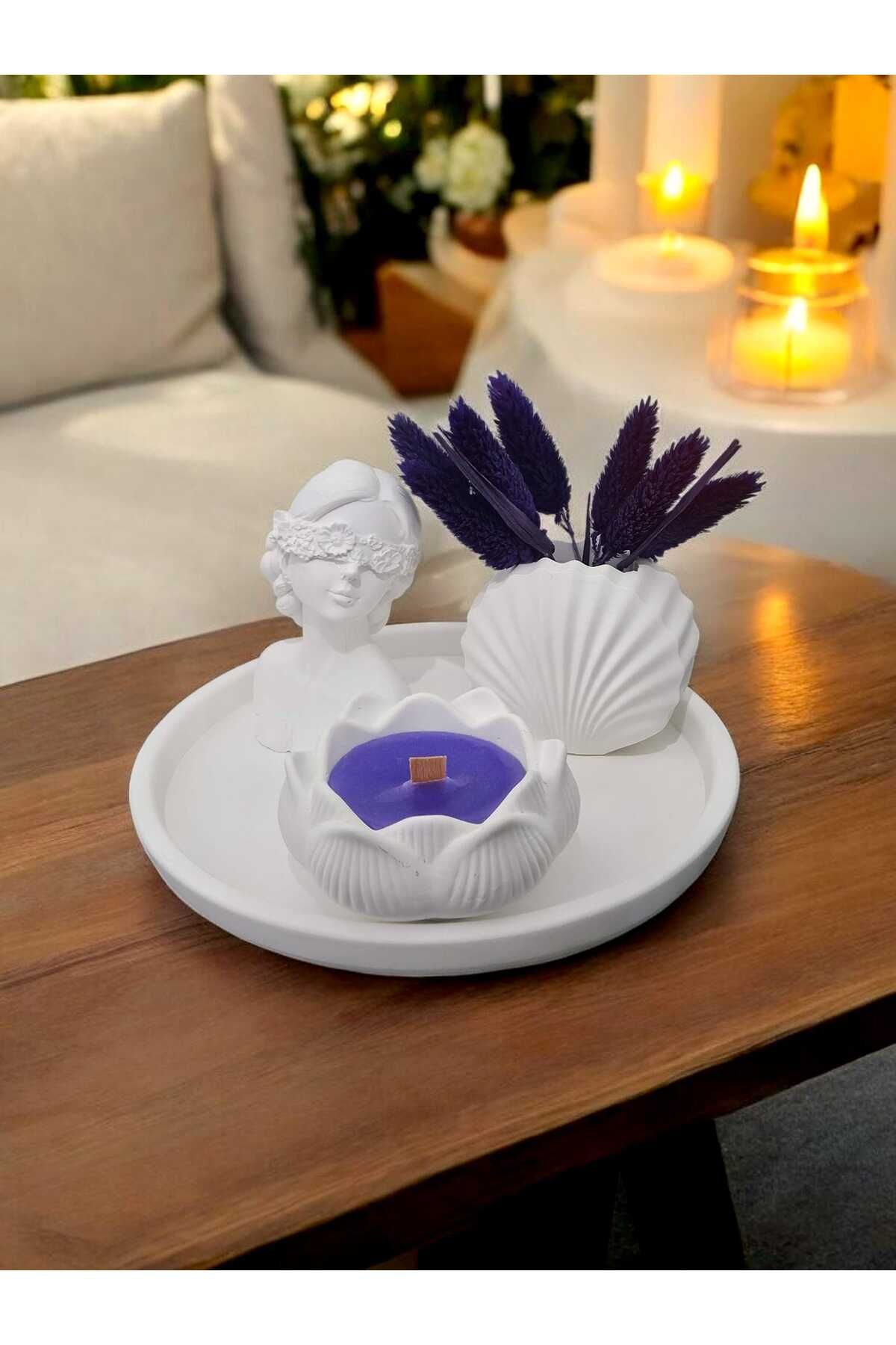 DNZ DEKOR Kadın figürü + Lotus Mor Mum + Mini Vazo + Yuvarlak Tabak Set