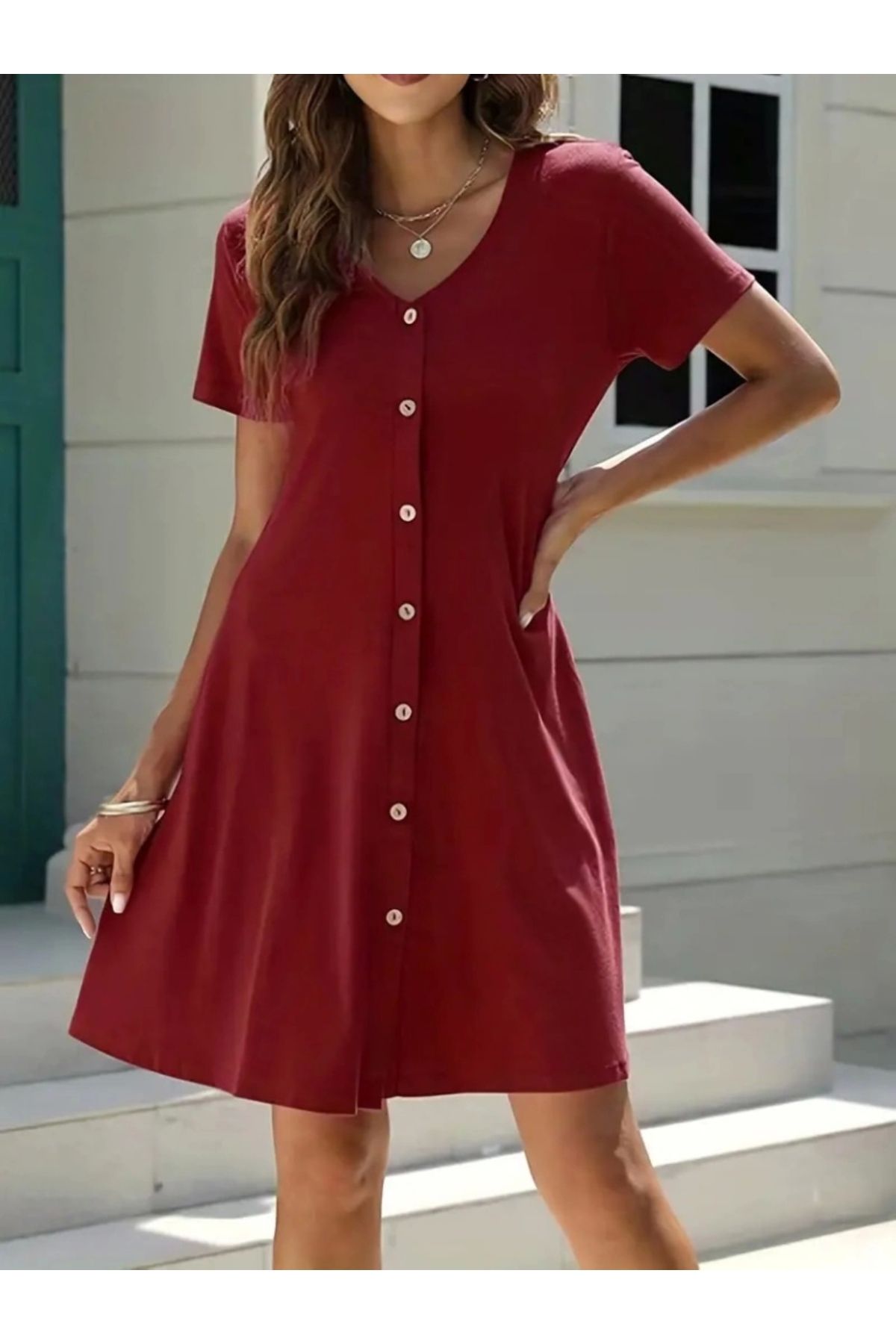 Butik Kadın Kısa Kollu V Yaka önü Düğmeli Viskon Elbise