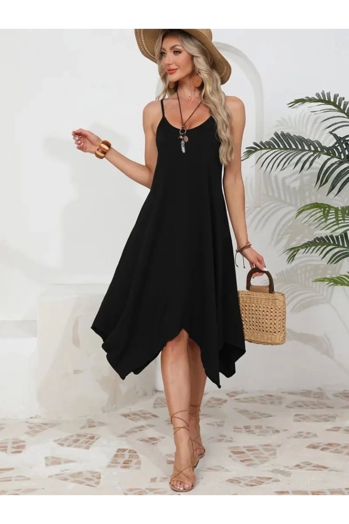 Butik Kadın Ip Askılı Yuvarlak Yakalı Asimetrik Kesim Viskon Elbise