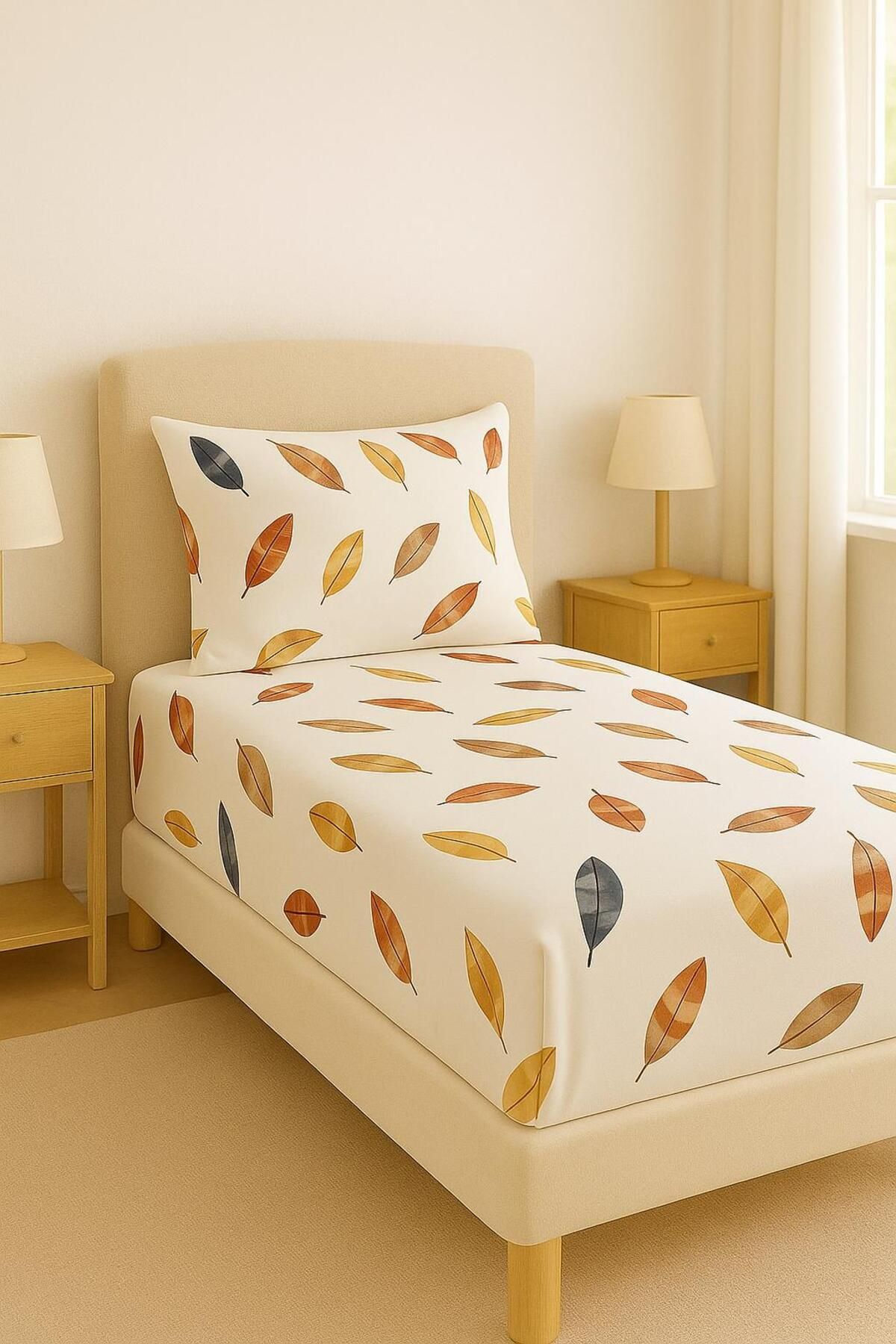 SdfHome YAPRAK MODEL TEK KİŞİLİK LASTİKLİ ÇARŞAF +1 YASTIK KILIFI
