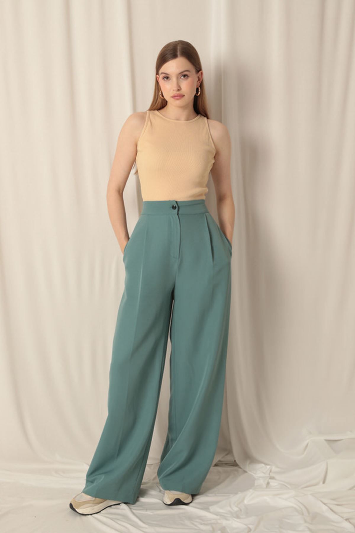 devrialemshoes Atlas Kumaş Palazzo Kadın Yeşil Pantolon