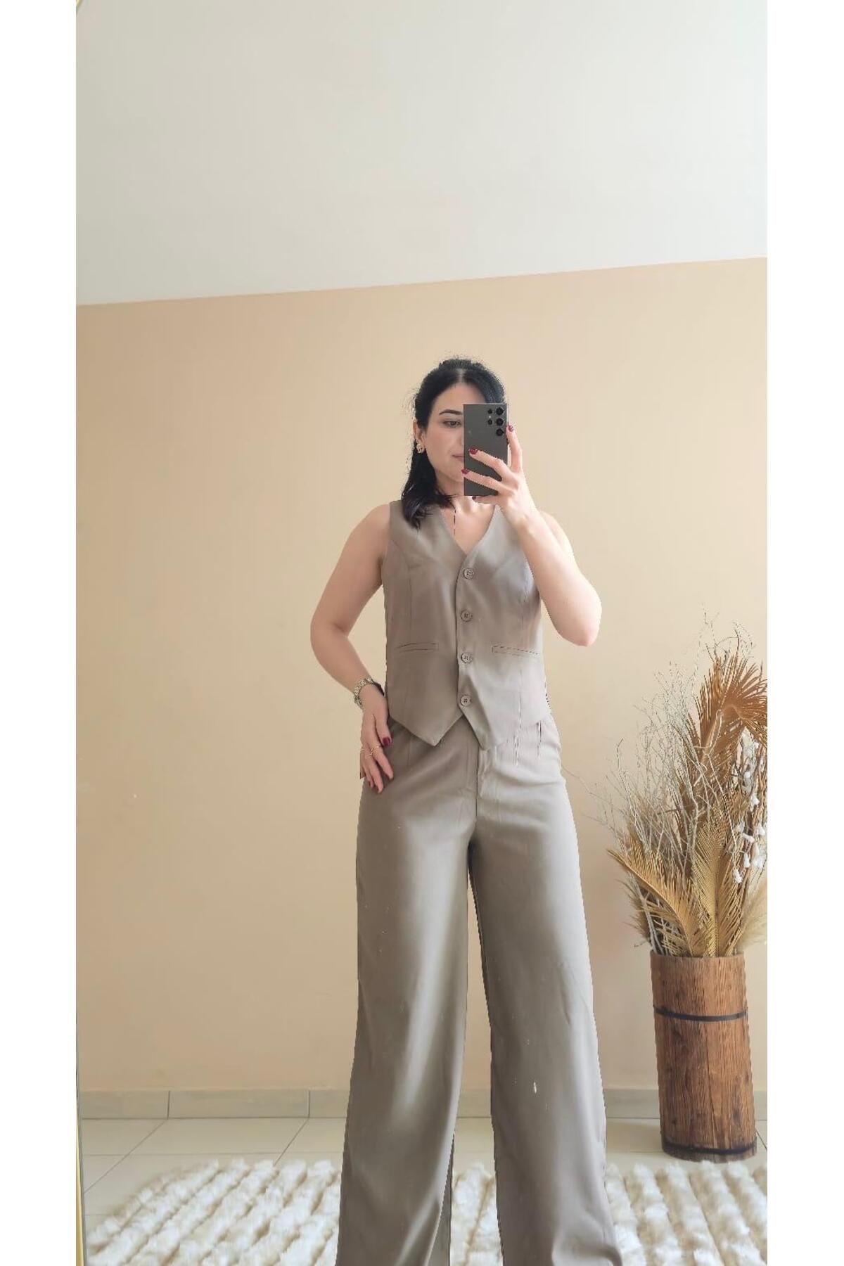 FEMİNEER.com HAKİ YEŞİL YELEK PANTOLON TAKIM