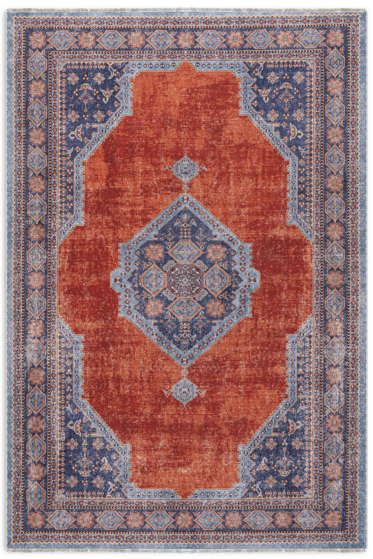 Pastel Home Kendinden saçaklı eskitme mavi turuncu kiremit şönil halı kilim yolluk klasik kaymaz yıkanabilir