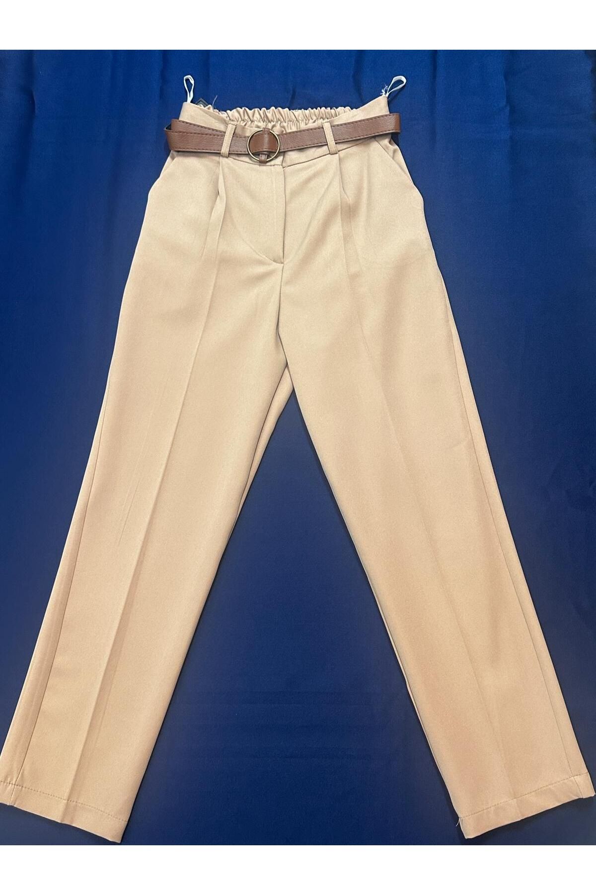 HANIMCA GİYİM KEMERLİ BELİ ARKADAN LASTİKLİ YANDAN CEPLİ KALEM KESİM YAZLIK PANTALON