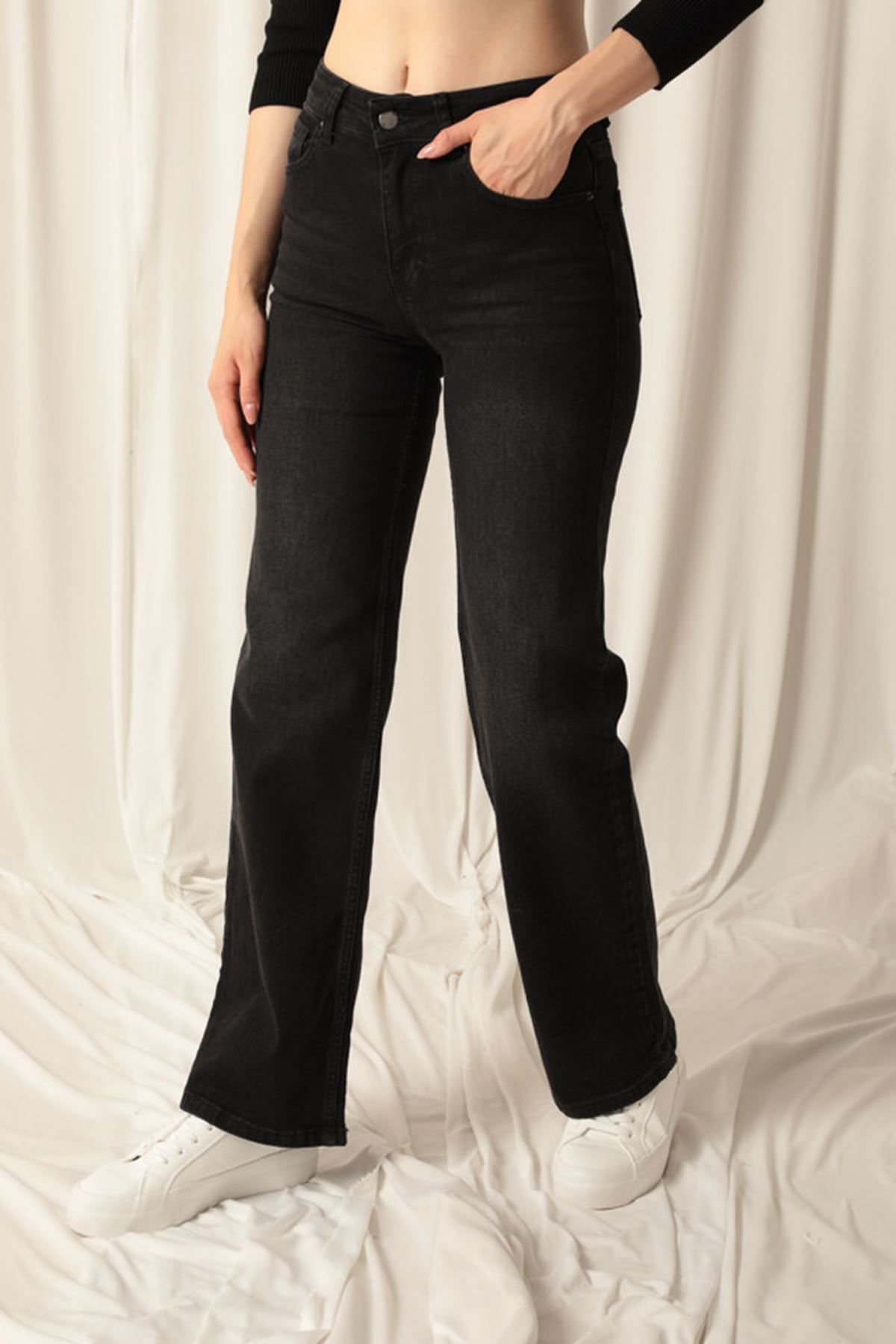devrialemshoes Denim Kumaş Wide Leg Kadın Siyah Kot Pantolon