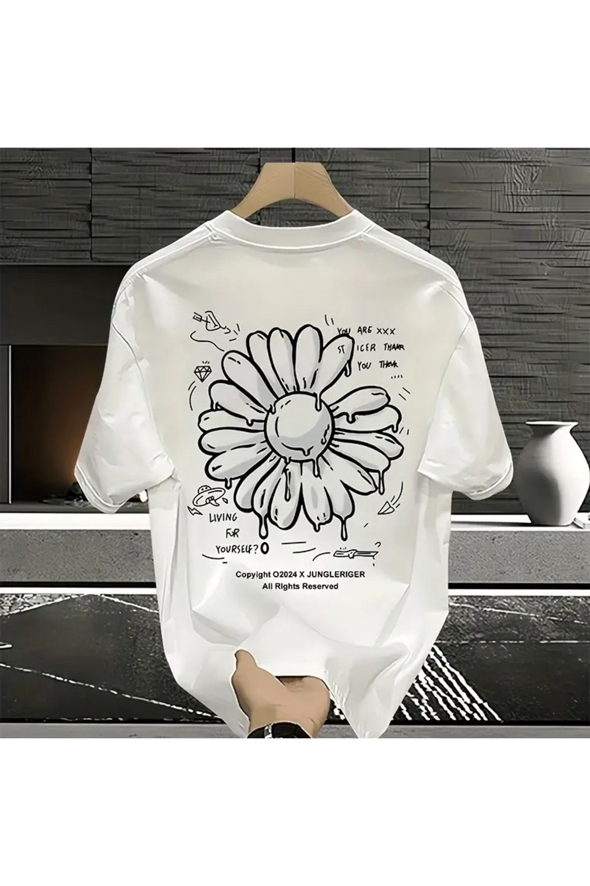 LAND MODA rkekler için Ağır Ağırlıkta %100 Pamuklu Grafikli Tişört - Siyah Geometrik