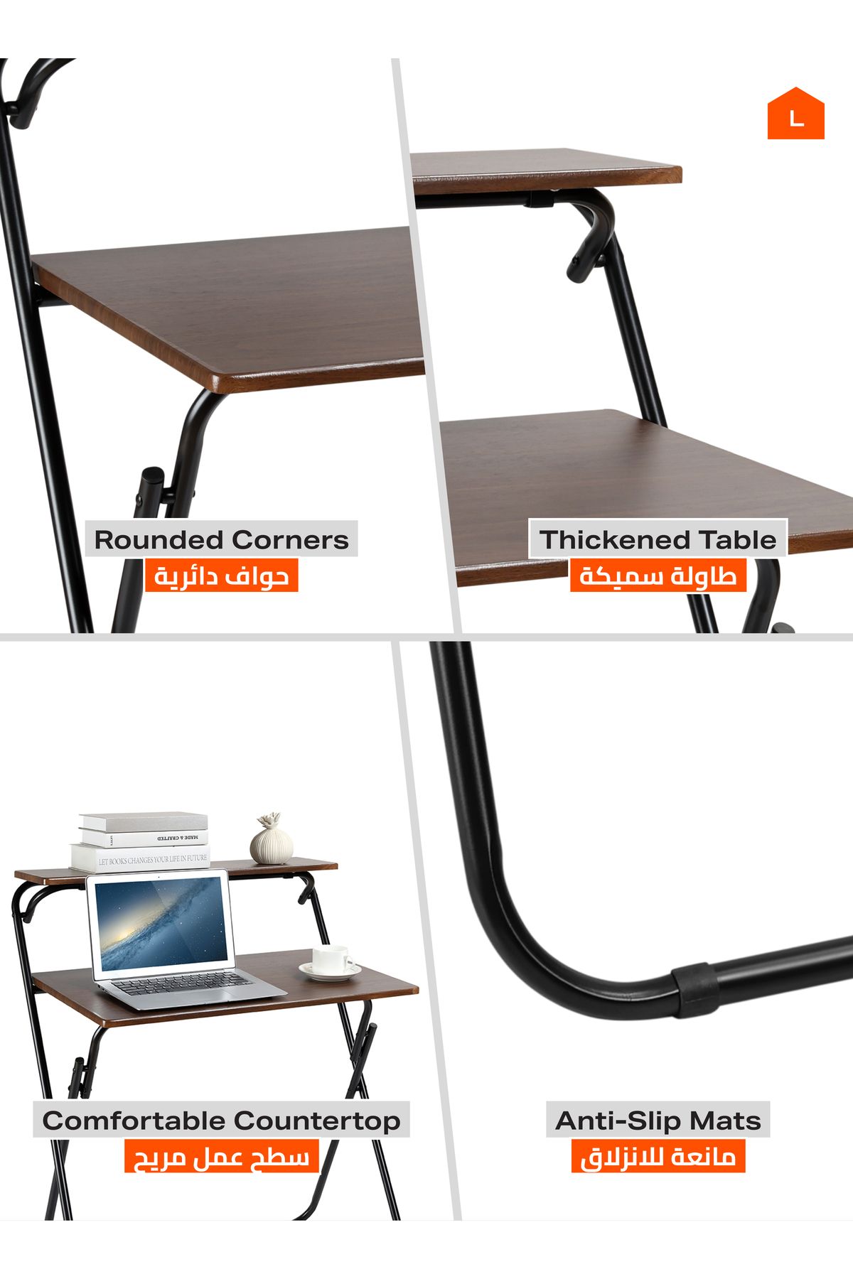 Lawazim-Foldable Computer Desk – 71.5x55x90.5cm – 2-Tier Space-Saving Writing Table with Shelf 4