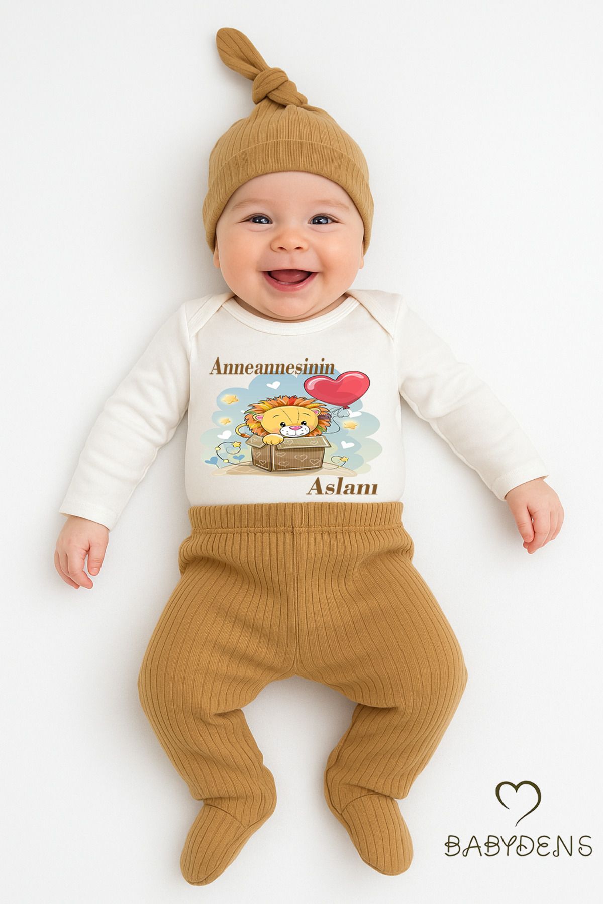 BABYDEN'S Anneannesinin Aslanı Yazılı 3’lü Bebek Takımı Uzun Kol Çıtçıtlı Zıbın, Ribana Patikli Pantolon,Şapka