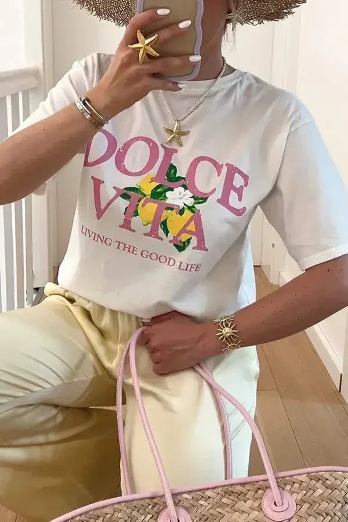 JANSO GROUP -KADIN PAMUKLU BASKILI DOLCE VITA KISA KOLLU TSHIRT OVERSİZE BÜYÜK BEDEN