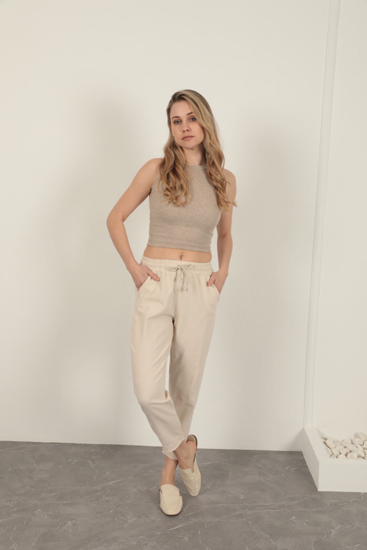 devrialemshoes Keten Kumaş Püsküllü Paça Kadın Pantolon-Taş