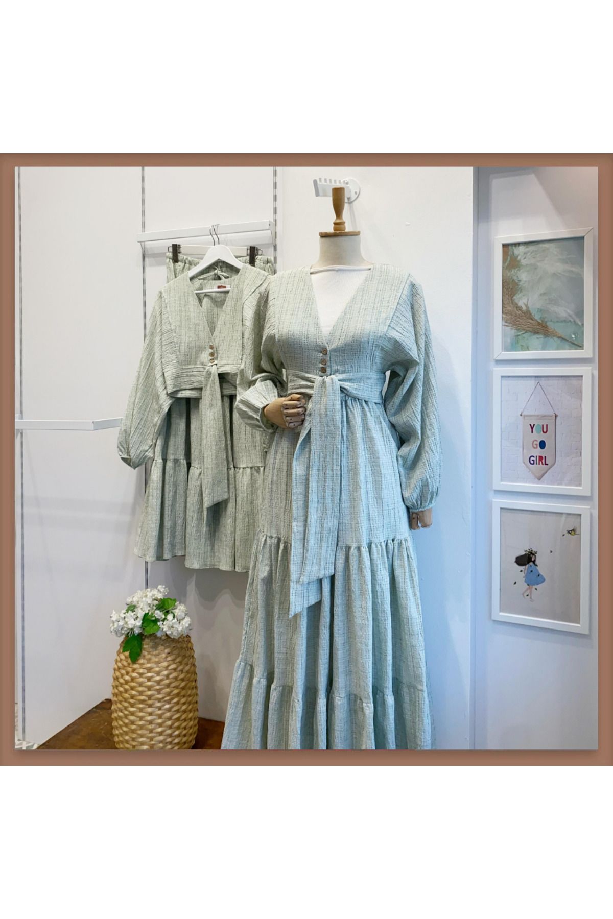 Faya Boutique Yeşil Balon Kol Etekli Kirinkıl Takım
