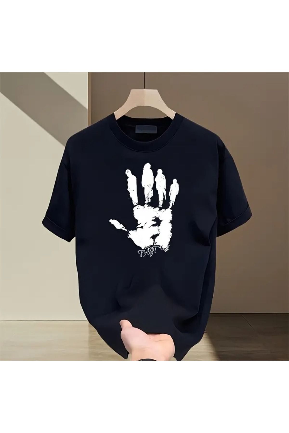 LAND MODA Erkekler için Ağır Pamuklu T-Shirt, El İzi Tasarımı - Rahat Yaz Kısa Kollu, Yuvarlak Yaka,