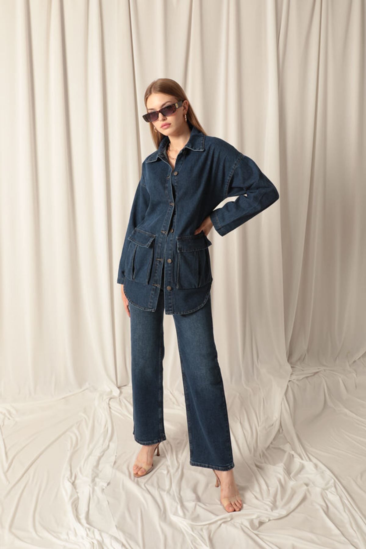 devrialemshoes Denim Kumaş Wide Leg Kadın Lacivert Kot Pantolon