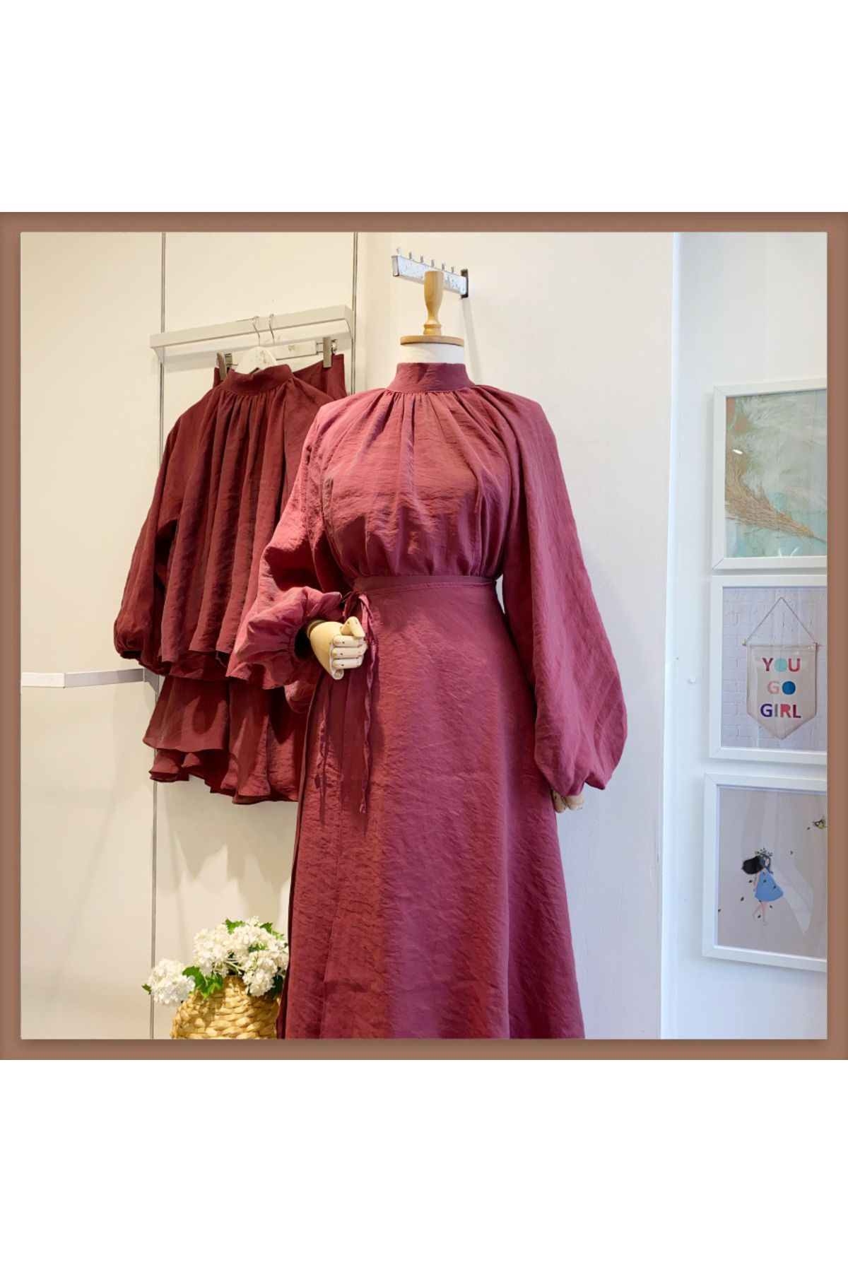 Faya Boutique Dalgalı Şifon Kumaş Bordo Balon Kol Takım