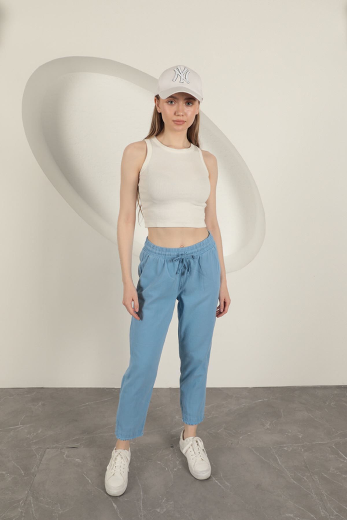 devrialemshoes Gabardin Kumaş Püsküllü Kadın Pantolon-Mavi