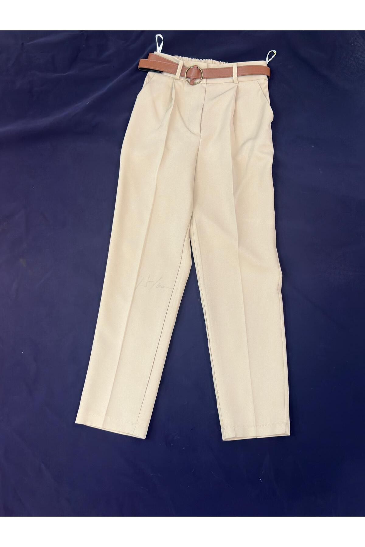 HANIMCA GİYİM KEMERLİ BELİ ARKADAN LASTİKLİ YANDAN CEPLİ KALEM KESİM YAZLIK PANTALON