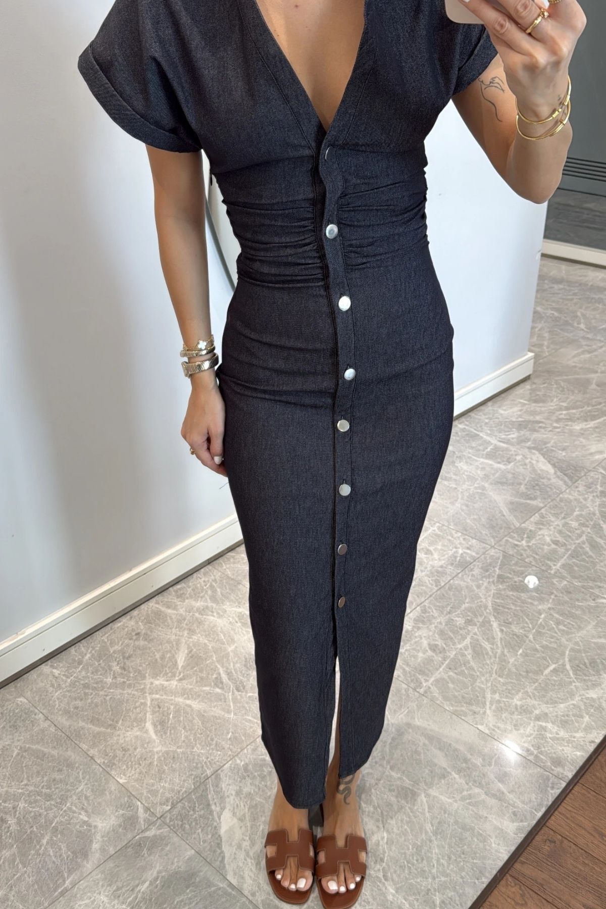FMN Moda Likralı jean denim kot tasarım kısa kol midi boy düğme detay darapeli vücudu saran pinterest elbise