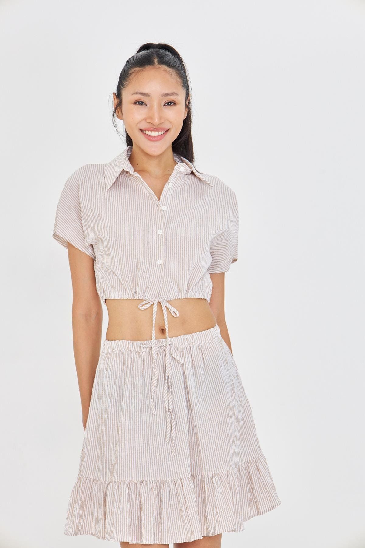 TIFFANY&TOMATO Beli İpli Crop Gofre Gömlek
