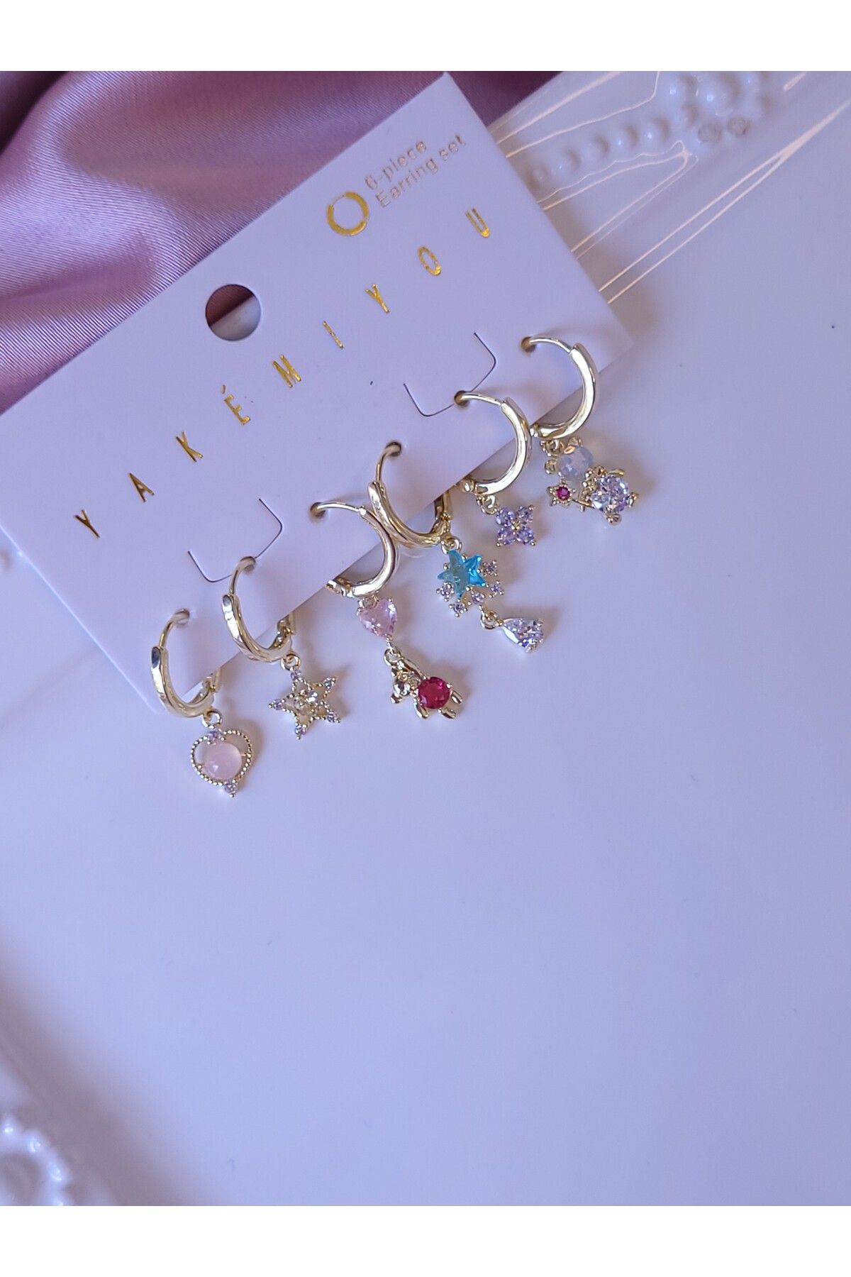 Jewerly Bear Love Set Parlak Zirkon Taşlı 6'lı Altın Kaplama Küpe Seti