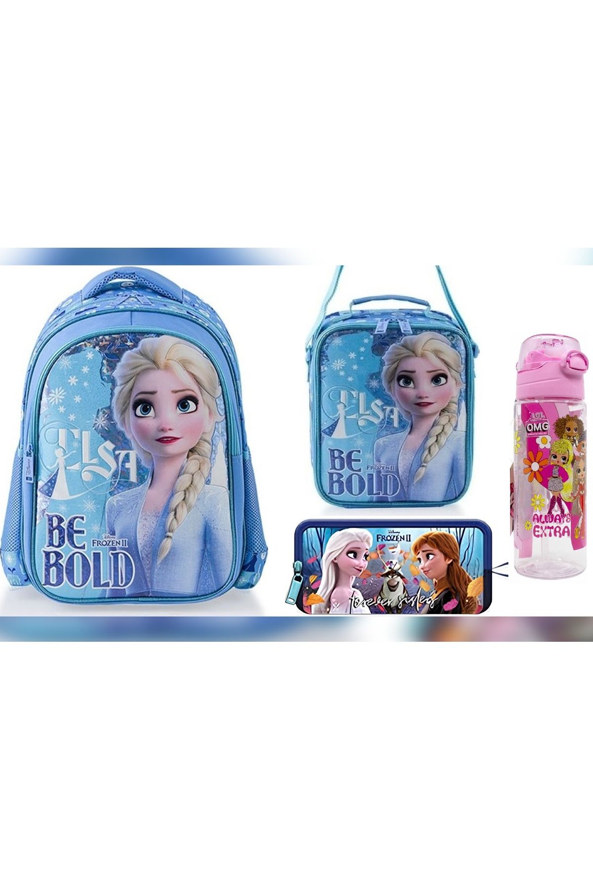 Frozen Okul Çantası - Beslenme Çantası - Kalem Kutusu Üçlü Set - Suluk&matara Hediye