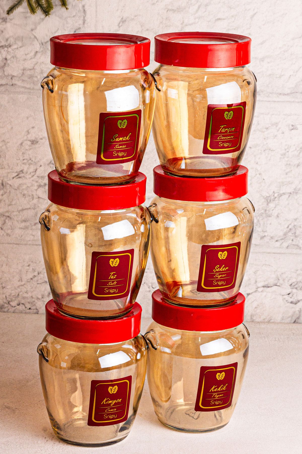 Snippy Ruby Gold- 6'lı Vakumlu Kırmızı Plastik Kapaklı Etiketli Cam Baharatlık Saklama Kabı Seti 580ml