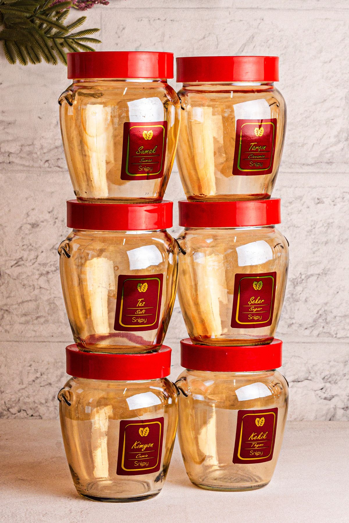 Snippy-Ruby Gold- Set of 6 Vacuumed Red Plastic Lids and Labeled Glass Spice Jar Storage Containers 580ml 3