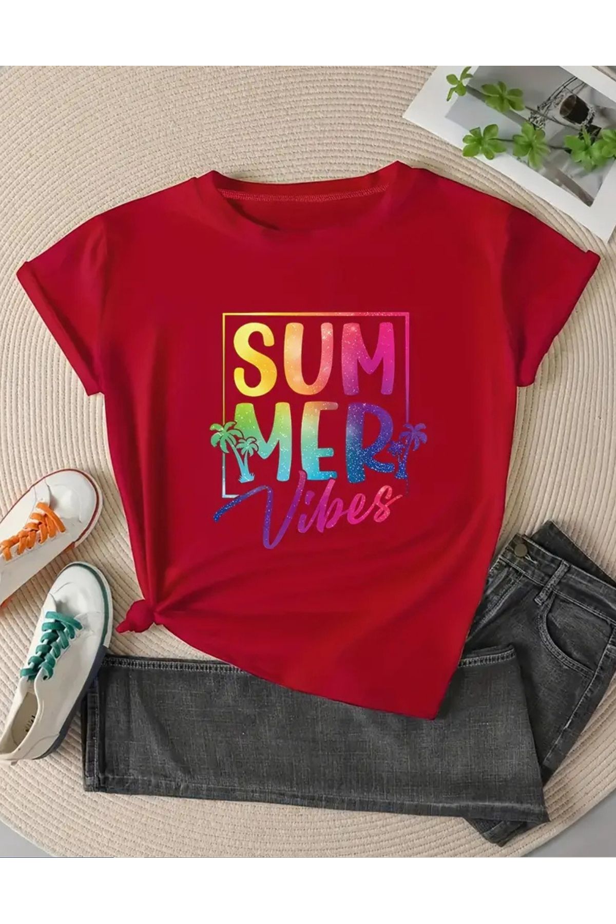 SAJA Unısex Kadın/Erkek Baskılı Oversize Düşük Kol Bisiklet Yaka T-Shirt