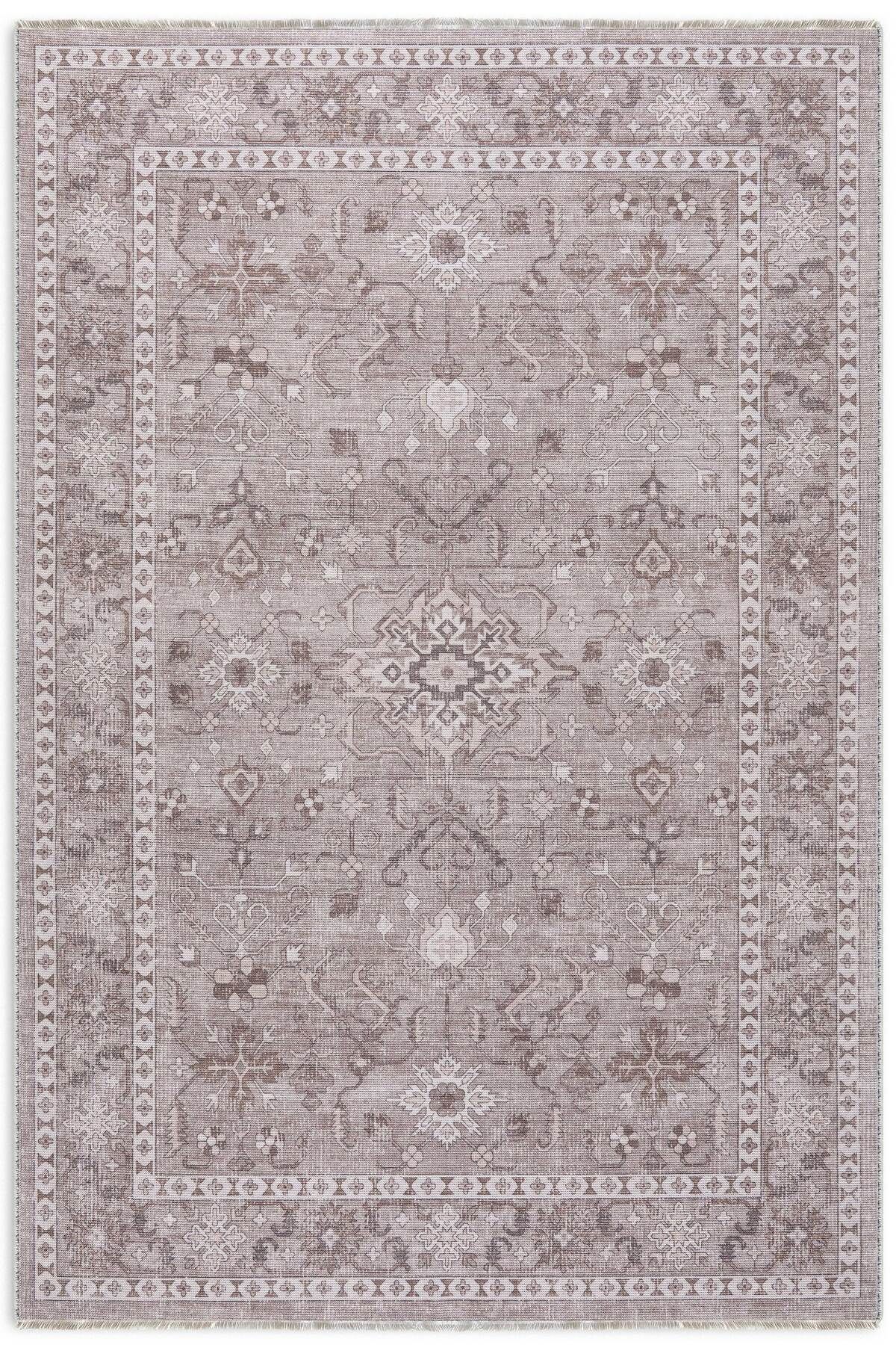 Pastel Home Kendinden saçaklı eskitme bej vizon klasik şönil halı kilim yolluk kaymaz yıkanabilir