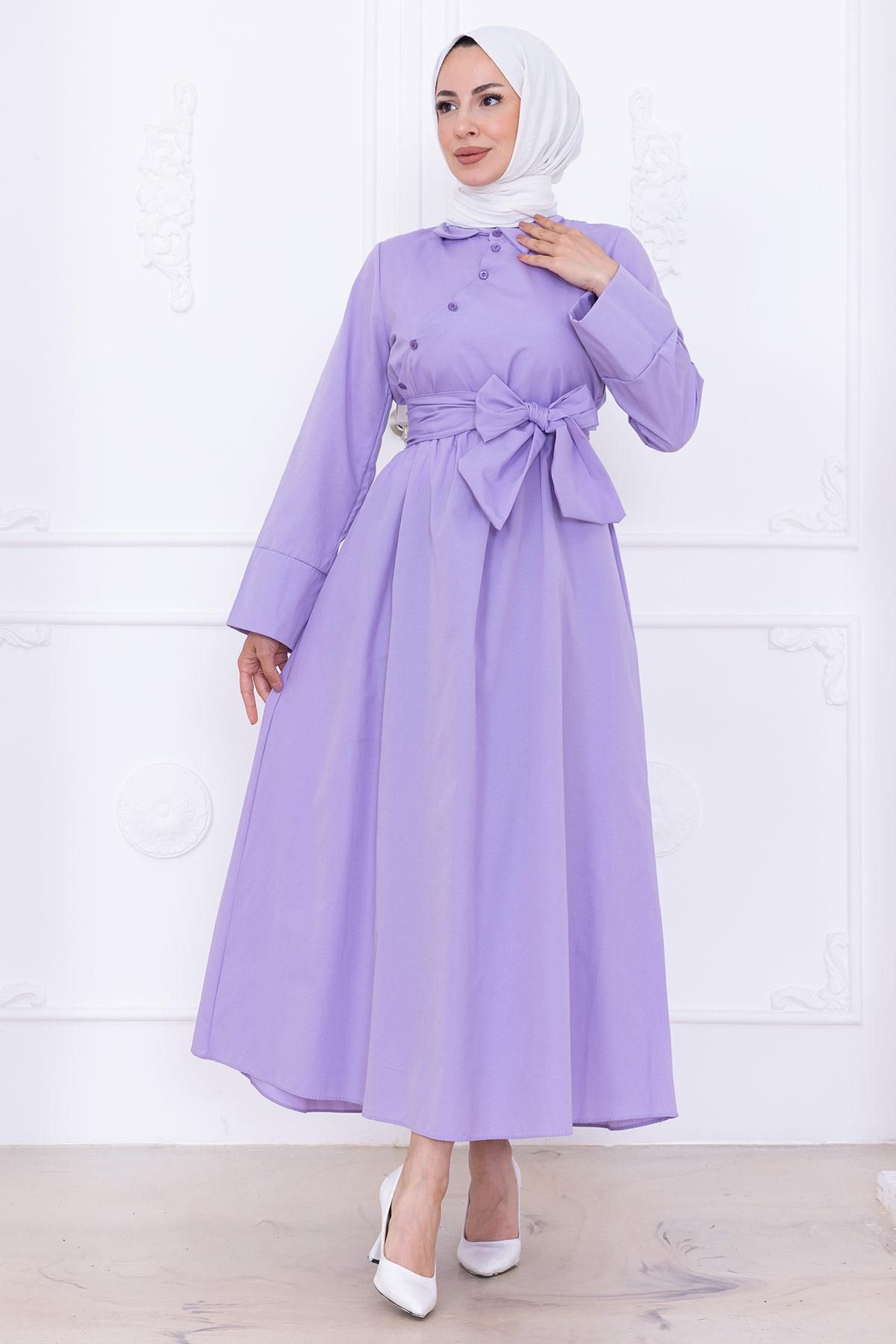 hafsamina Önden Çapraz Düğmeli Kuşaklı Elbise Lila HM2755