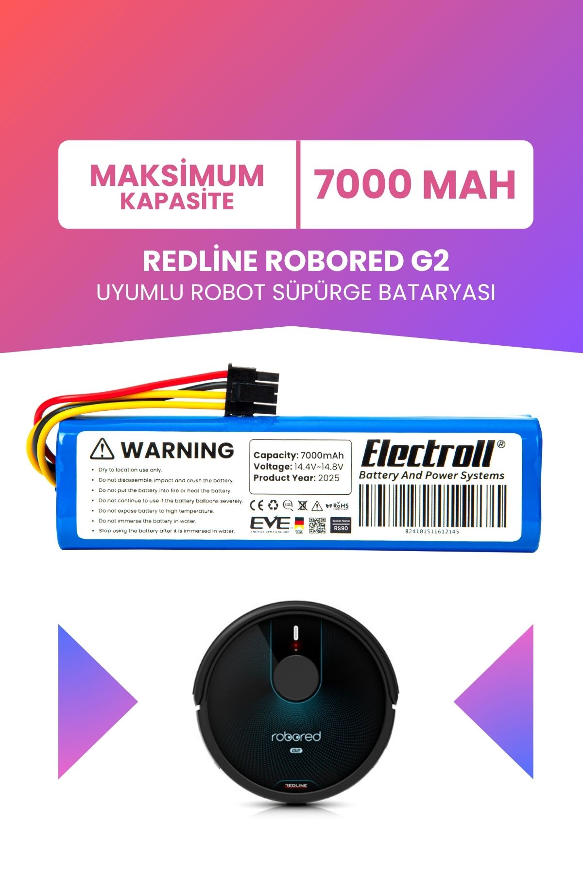 ELECTROLL Redline Robored G2 Uyumlu Batarya (MAKSİMUM KAPASİTE) 7000mah Robot Süpürge Bataryası