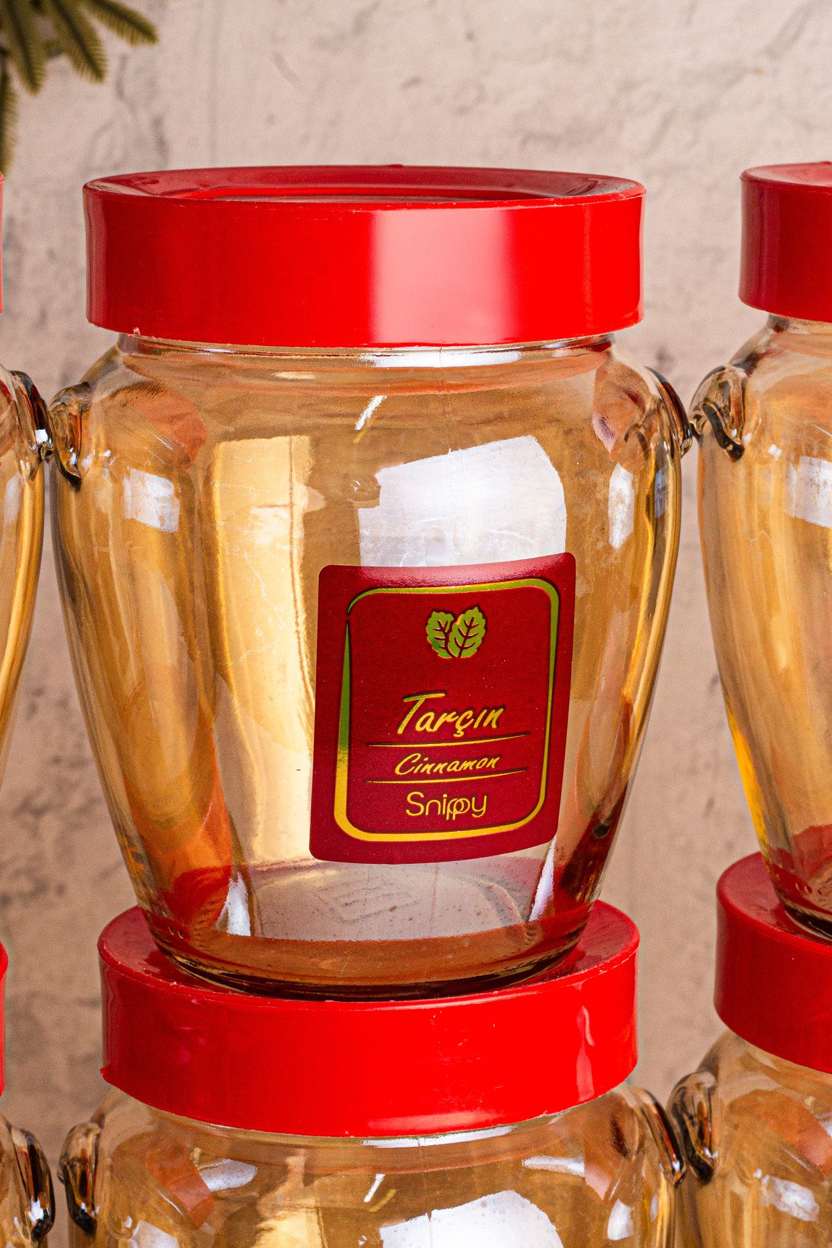 Snippy-Ruby Gold- Set of 12 Vacuumed Red Plastic Lids and Labeled Glass Spice Jar Storage Containers 580ml 5