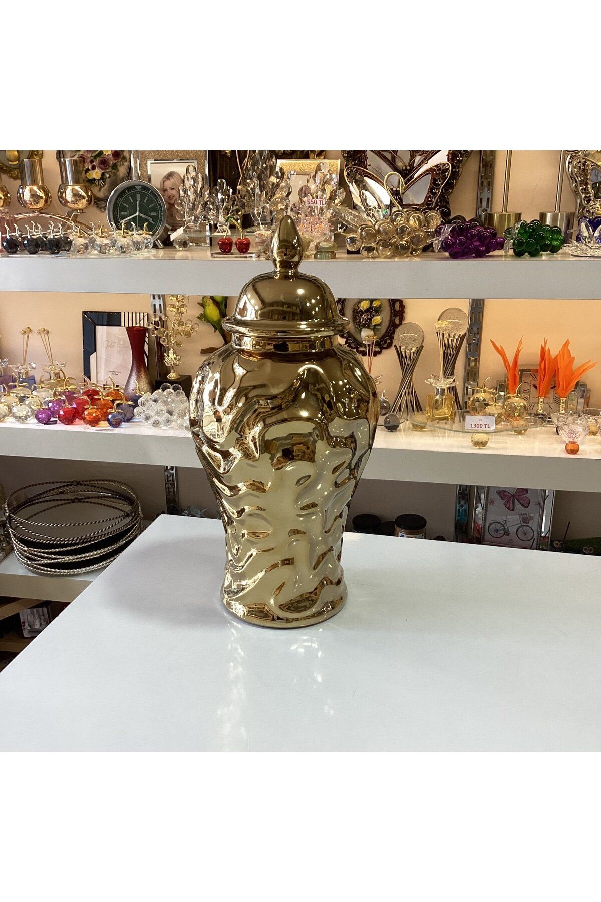 Gold home design Dekoratif Seramik Gold Renk Küp 33,5 cm