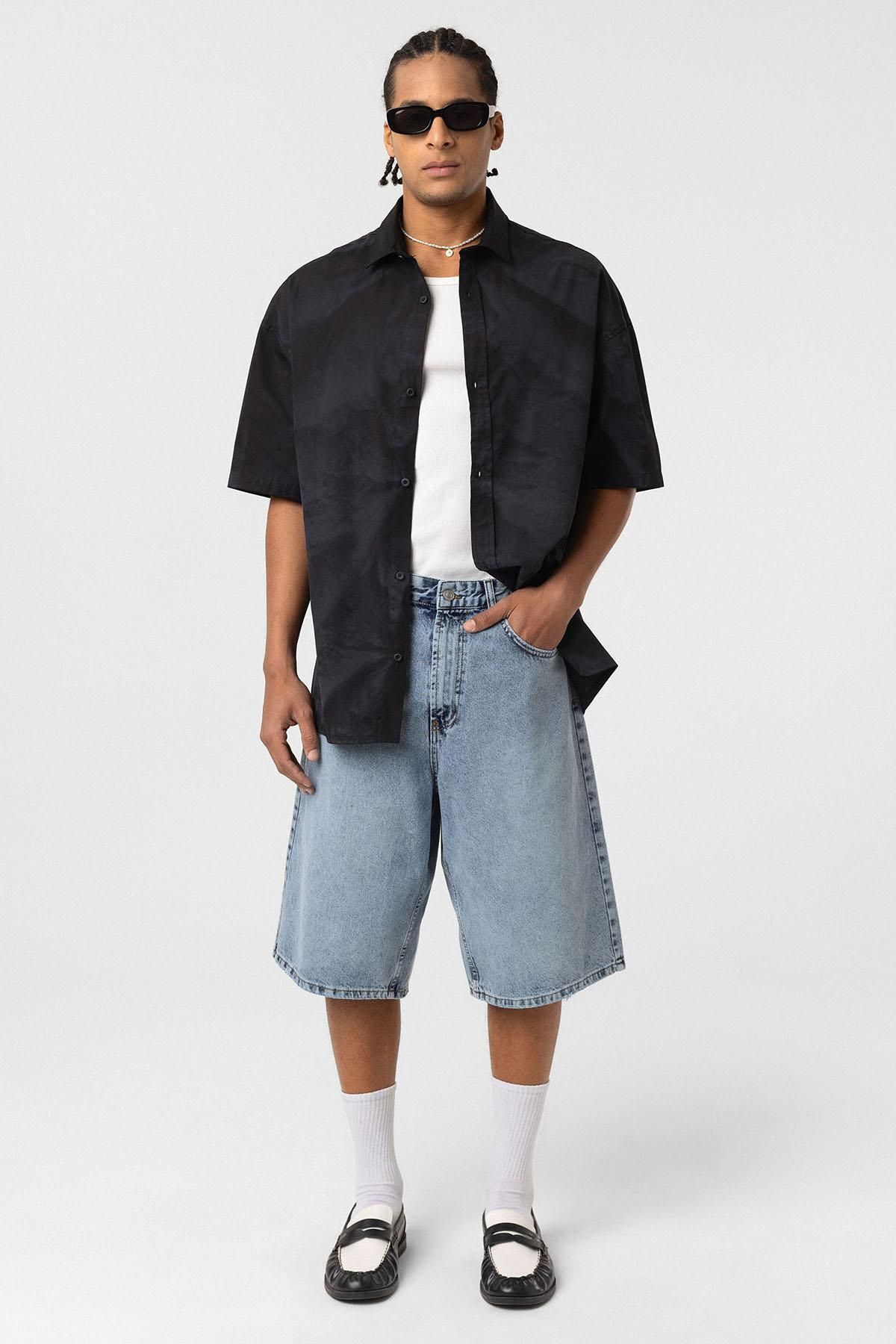 VAMOSCLO Oversize Yıkamalı Poplin Gömlek Siyah
